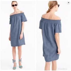 J. Crew Off The Shoulder Smocked Chambray Dress Mini Shift Womens 4 Denim Cotton